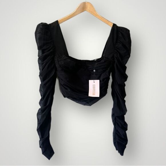 🎉5 for $45  🎉NWT Missguided Crop Top Blouse Shirt Mesh Size 2 Black - Picture 1 of 6